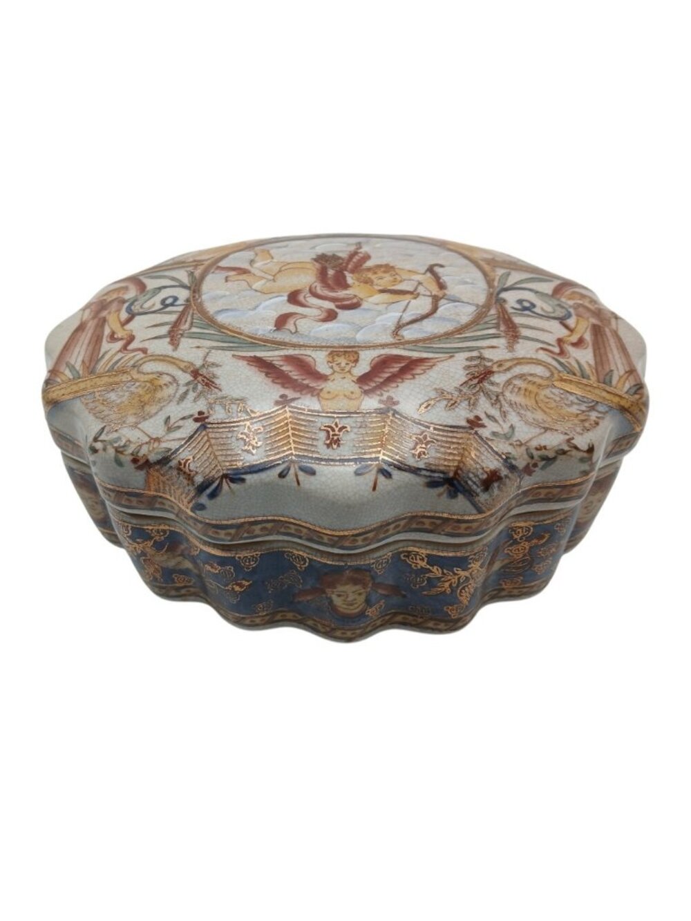 Hand Painted Renaissance Revival Porcelain Oval Lidded Box Putti Cherubs Gilt